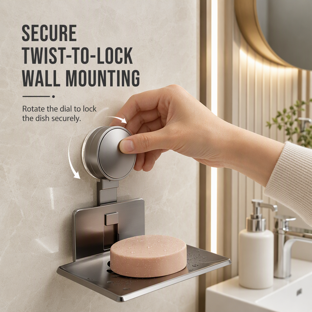 Vacuum Suction Soap Dish: V-Shaped Drainage, Rustproof Aluminum, No Drilling, Twist-Lock - Image 3