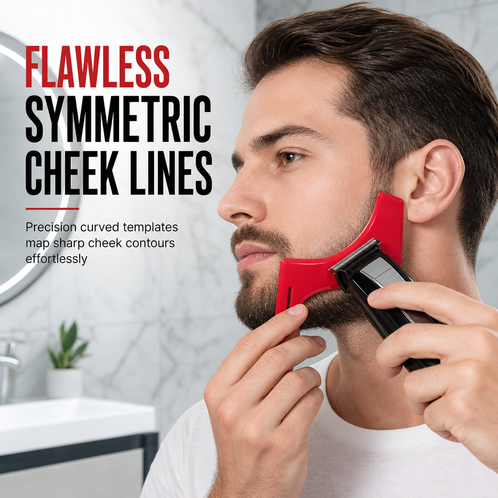 Red 4-Piece Beard Shaping Tool and Hair Styling Comb Set with Neckline Hair Trimming - Image 3