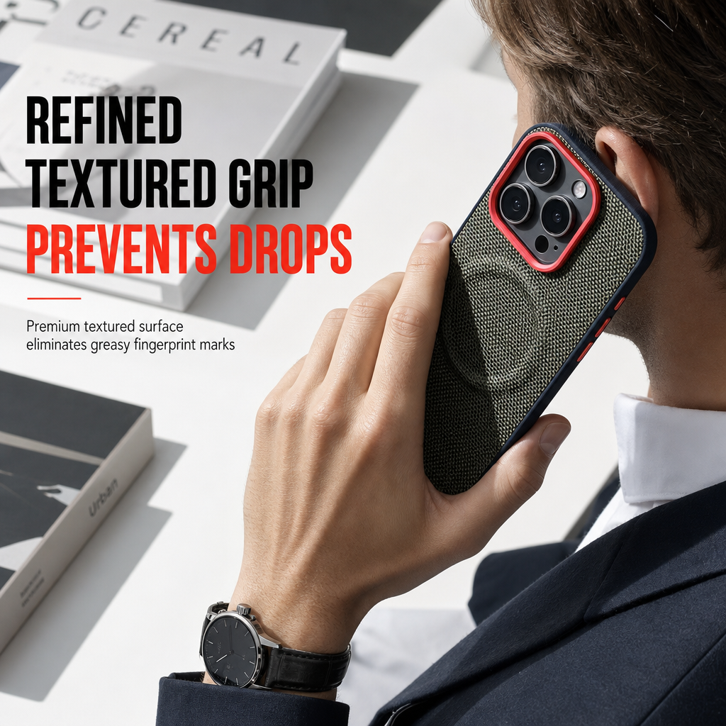 Magnetic Woven Texture Protective Phone Case with Gold Trim - Image 3