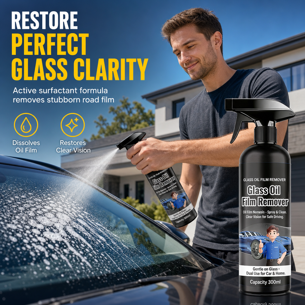 Car Glass Oil Film Remover Spray Powerful Windshield Decontamination and Bug Residue Cleaner for Clear Driving Vision