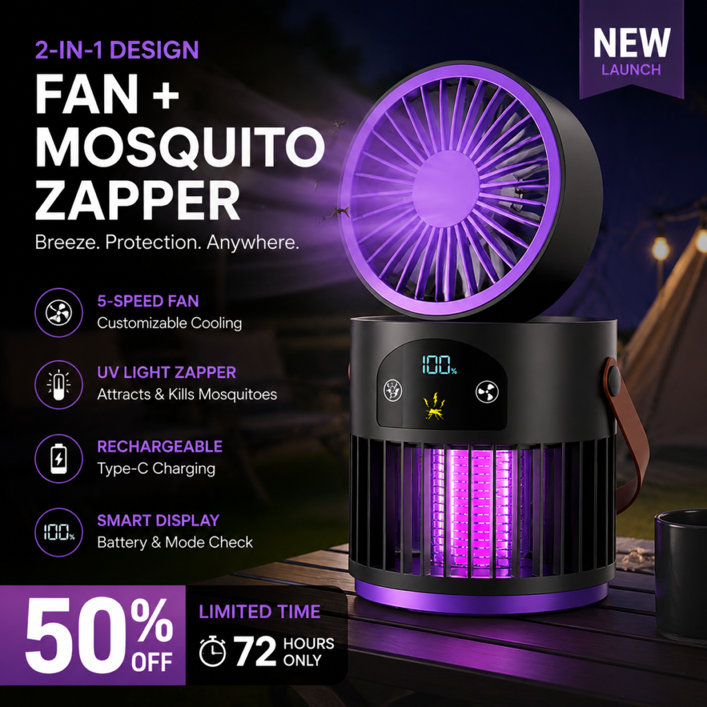 Portable Rechargeable Fan with UV Bug Zapper Light